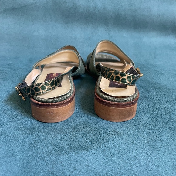 Green and gold sandals (linen & leather) with chunky low heel - Picture 3 of 7